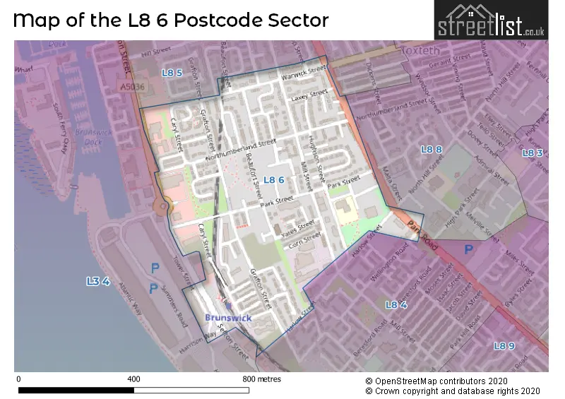Map of the L8 6 and surrounding postcode sector