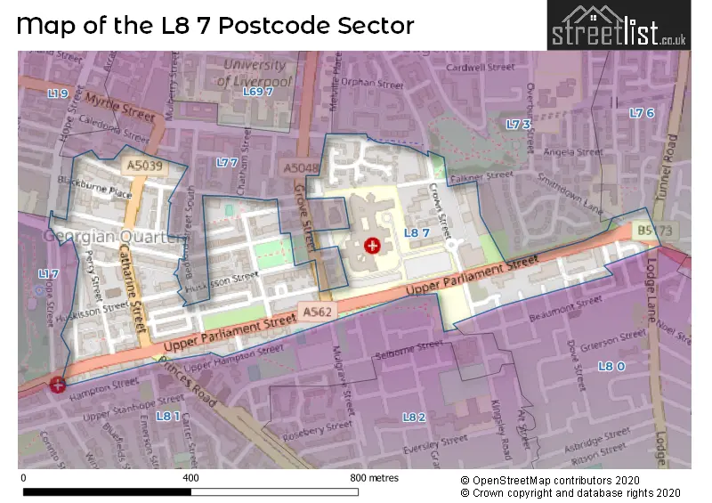 Map of the L8 7 and surrounding postcode sector