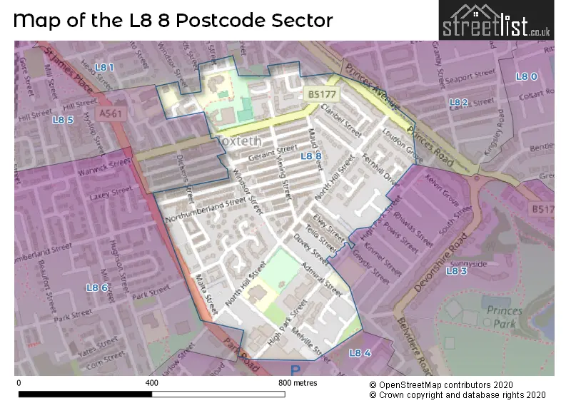 Map of the L8 8 and surrounding postcode sector