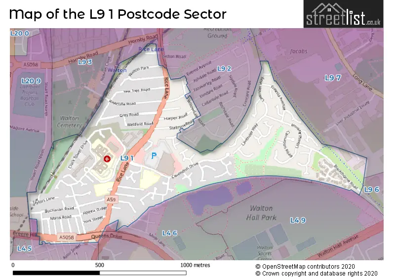 Map of the L9 1 and surrounding postcode sector