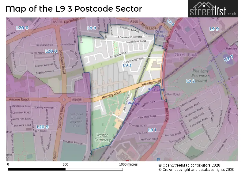 Map of the L9 3 and surrounding postcode sector