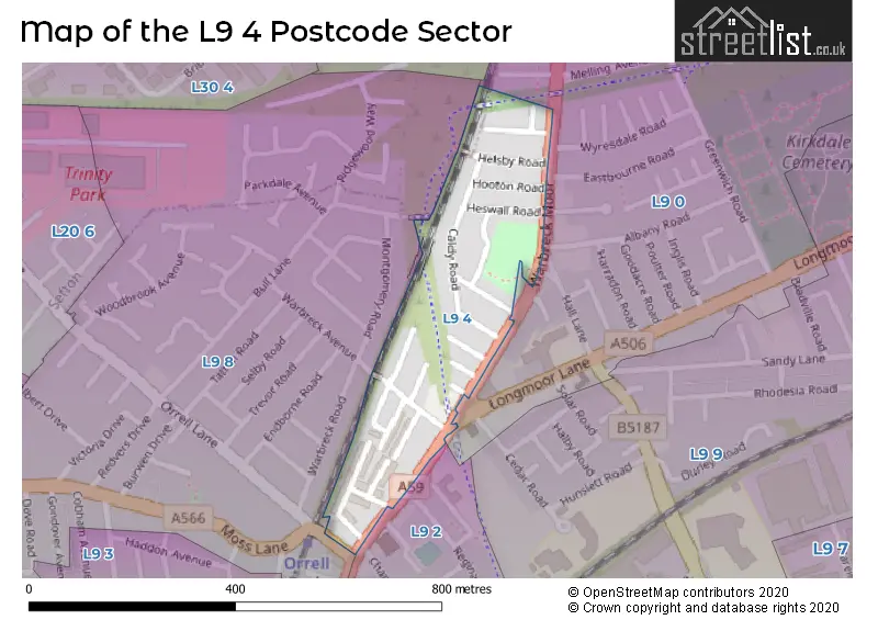 Map of the L9 4 and surrounding postcode sector