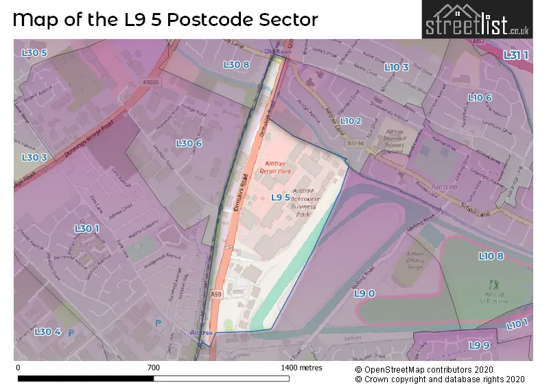 Map of the L9 5 and surrounding postcode sector