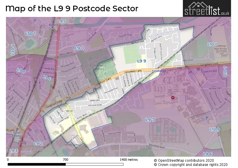 Map of the L9 9 and surrounding postcode sector