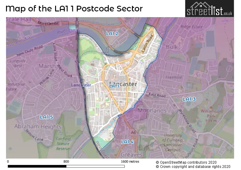Map of the LA1 1 and surrounding postcode sector