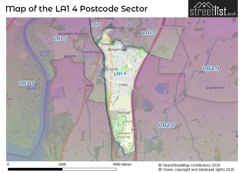 Map of the LA1 4 and surrounding postcode sector
