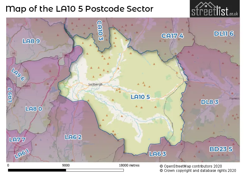 Map of the LA10 5 and surrounding postcode sector