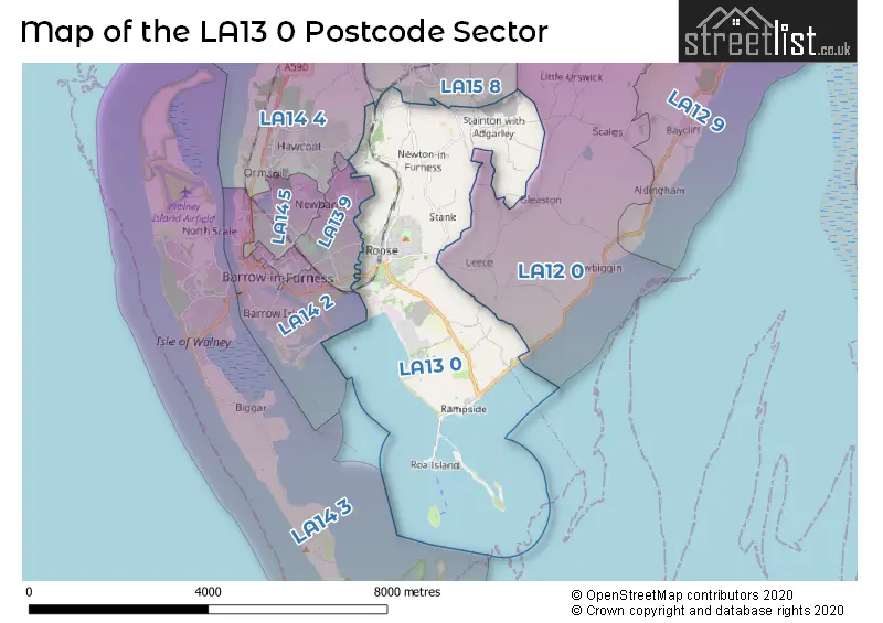 Map of the LA13 0 and surrounding postcode sector