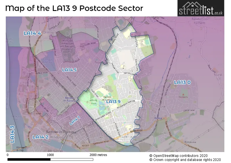 Map of the LA13 9 and surrounding postcode sector