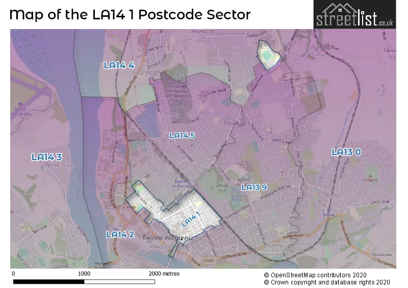 Map of the LA14 1 and surrounding postcode sector