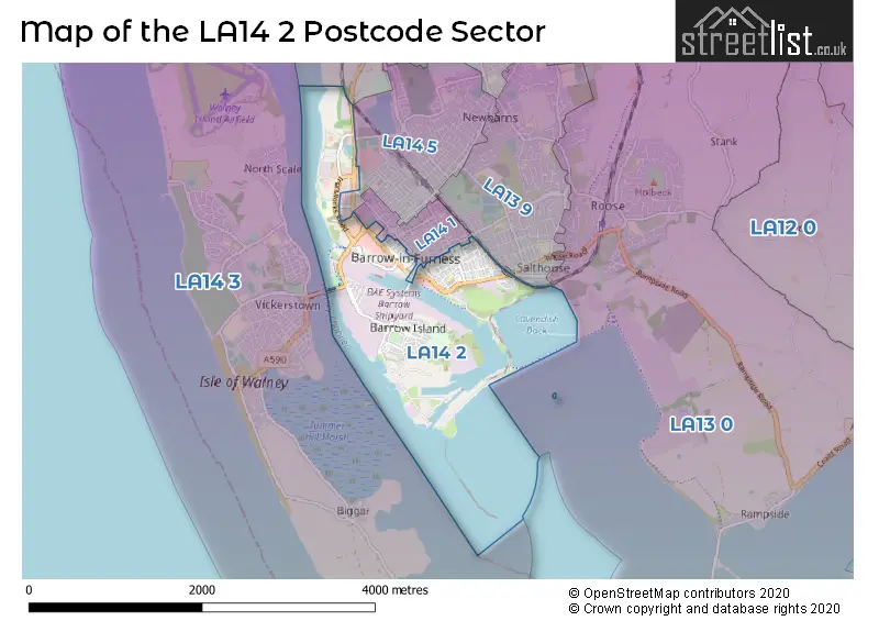 Map of the LA14 2 and surrounding postcode sector