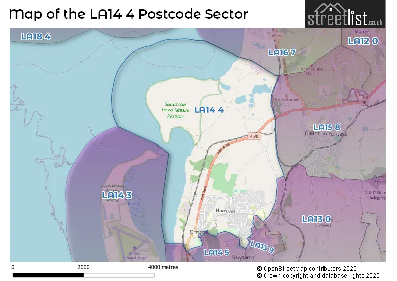 Map of the LA14 4 and surrounding postcode sector
