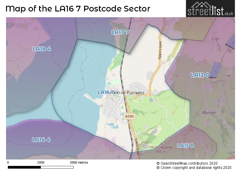 Map of the LA16 7 and surrounding postcode sector