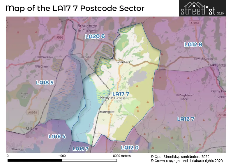 Map of the LA17 7 and surrounding postcode sector