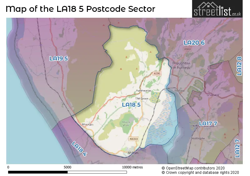 Map of the LA18 5 and surrounding postcode sector