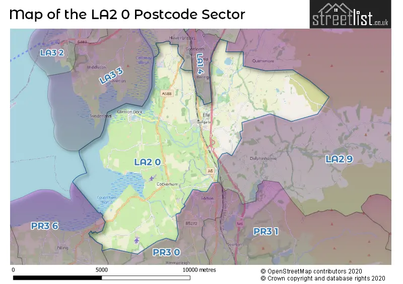 Map of the LA2 0 and surrounding postcode sector