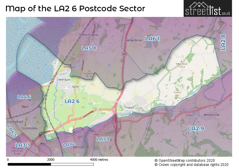 Map of the LA2 6 and surrounding postcode sector