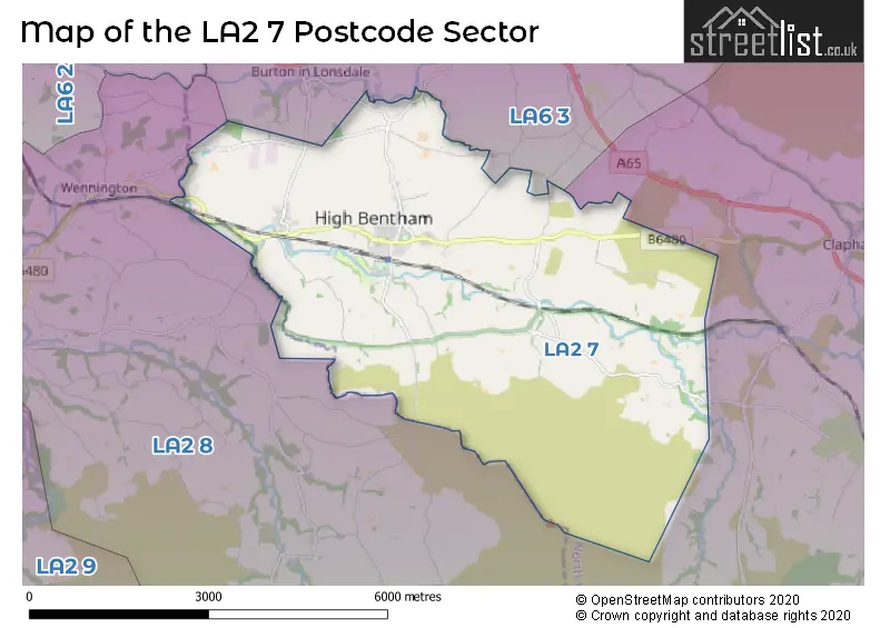 Map of the LA2 7 and surrounding postcode sector