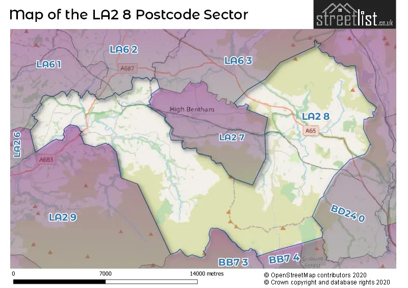Map of the LA2 8 and surrounding postcode sector