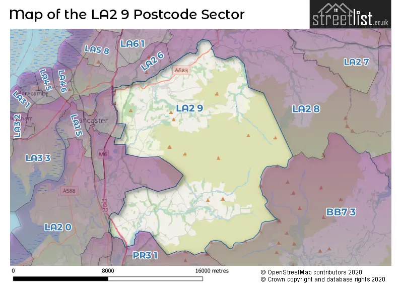 Map of the LA2 9 and surrounding postcode sector
