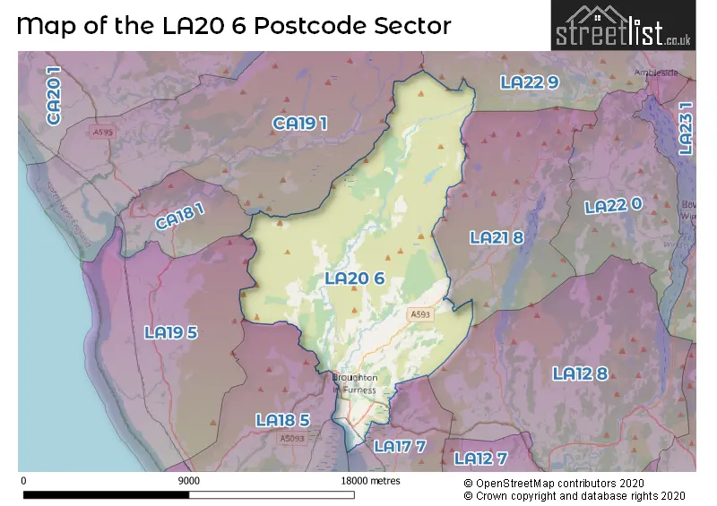 Map of the LA20 6 and surrounding postcode sector