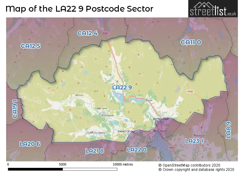 Map of the LA22 9 and surrounding postcode sector