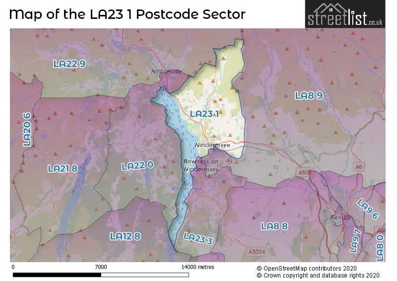 Map of the LA23 1 and surrounding postcode sector