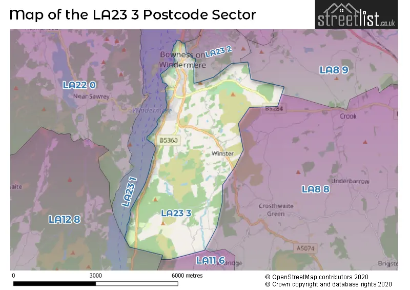Map of the LA23 3 and surrounding postcode sector