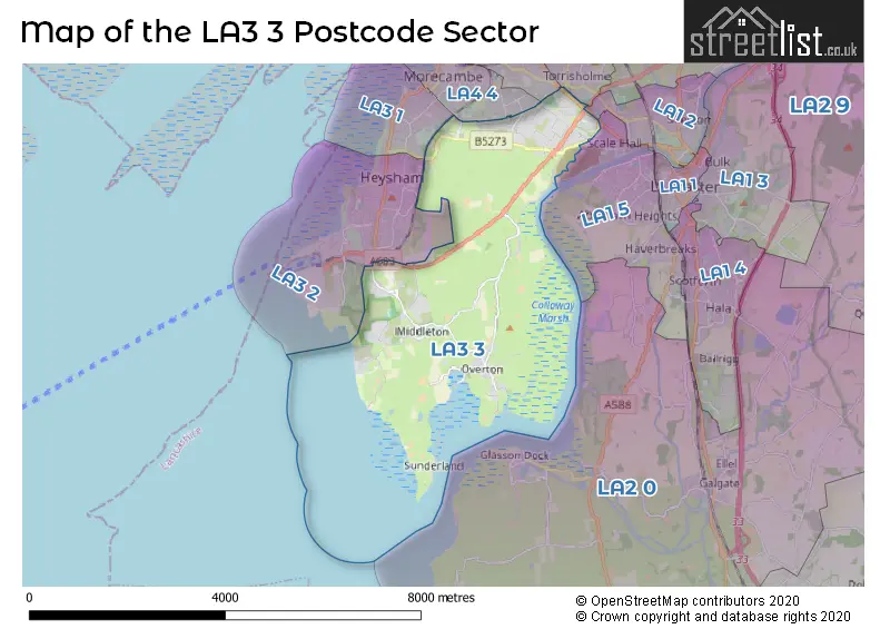 Map of the LA3 3 and surrounding postcode sector