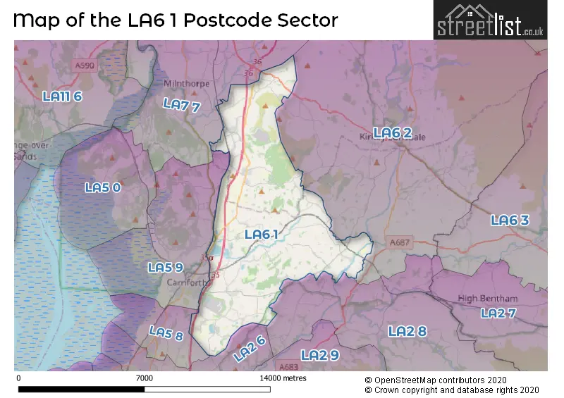 Map of the LA6 1 and surrounding postcode sector