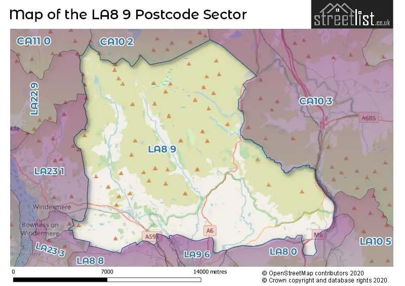 Map of the LA8 9 and surrounding postcode sector