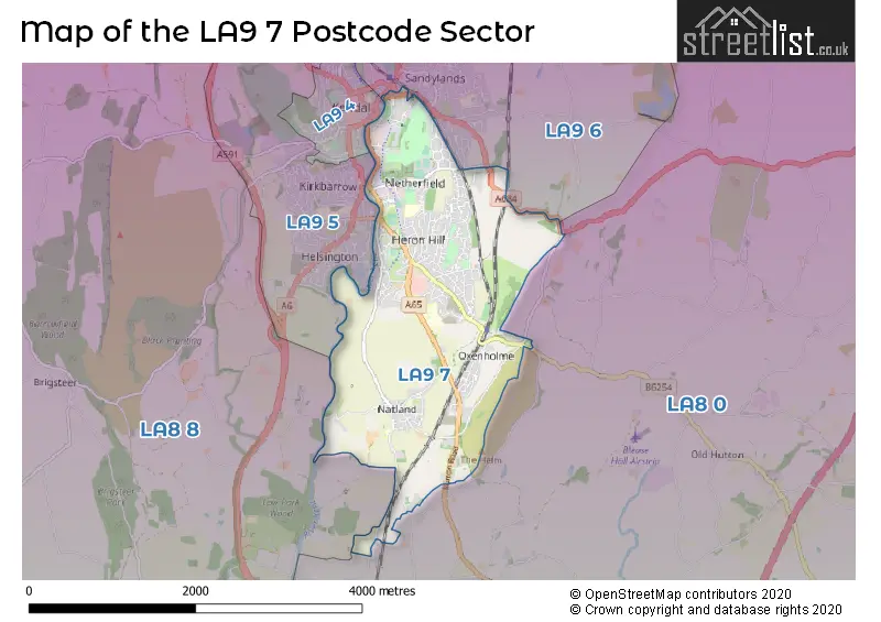 Map of the LA9 7 and surrounding postcode sector