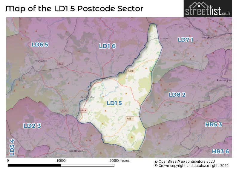 Map of the LD1 5 and surrounding postcode sector