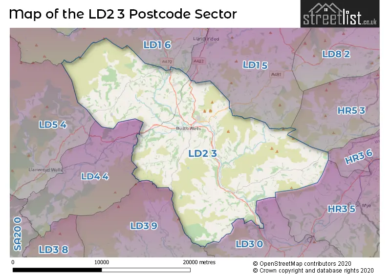 Map of the LD2 3 and surrounding postcode sector