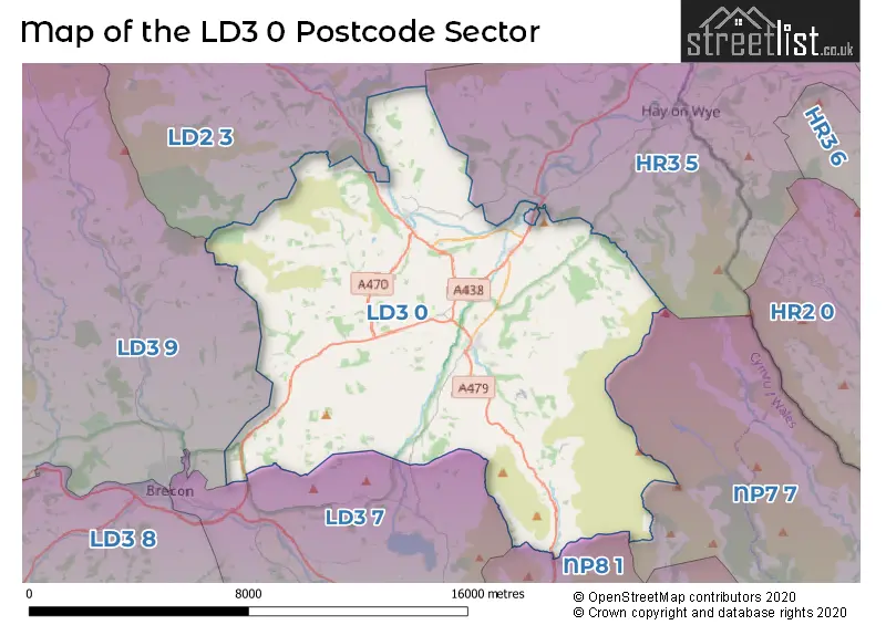 Map of the LD3 0 and surrounding postcode sector
