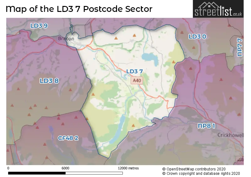 Map of the LD3 7 and surrounding postcode sector