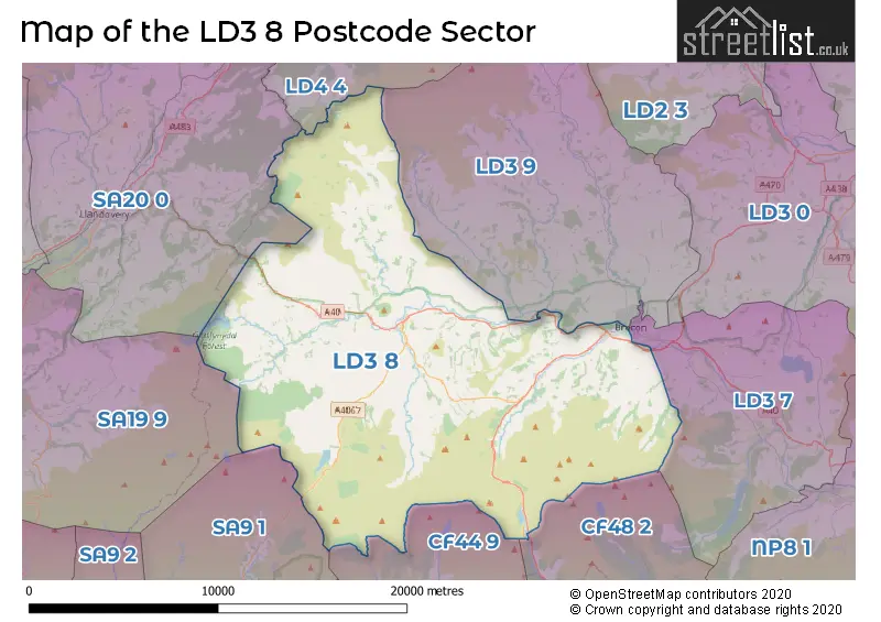 Map of the LD3 8 and surrounding postcode sector