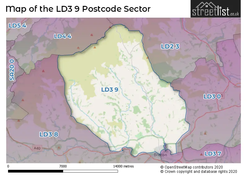 Map of the LD3 9 and surrounding postcode sector