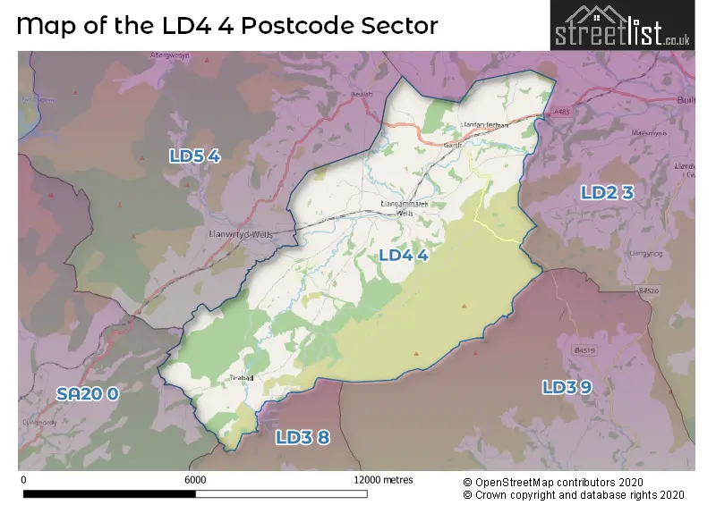 Map of the LD4 4 and surrounding postcode sector