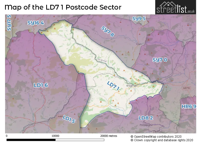 Map of the LD7 1 and surrounding postcode sector