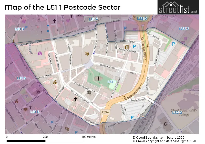 Map of the LE1 1 and surrounding postcode sector