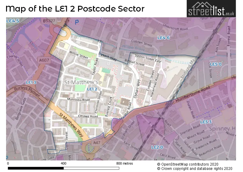 Map of the LE1 2 and surrounding postcode sector