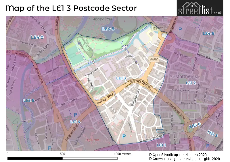 Map of the LE1 3 and surrounding postcode sector