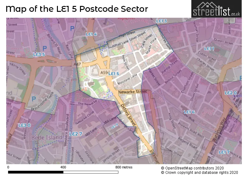 Map of the LE1 5 and surrounding postcode sector