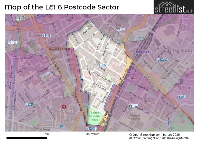 Map of the LE1 6 and surrounding postcode sector