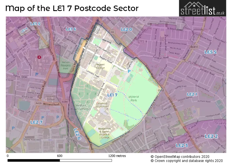 Map of the LE1 7 and surrounding postcode sector