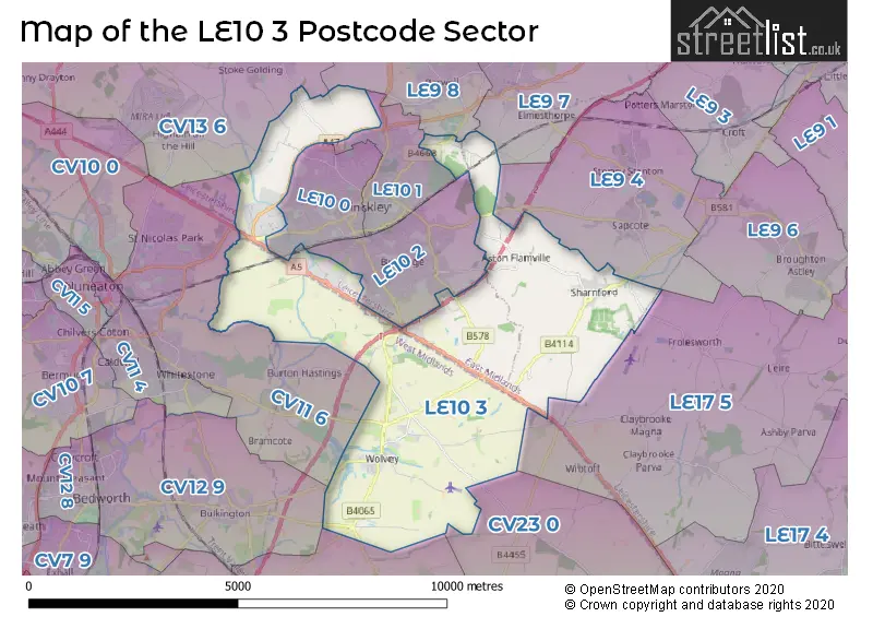 Map of the LE10 3 and surrounding postcode sector