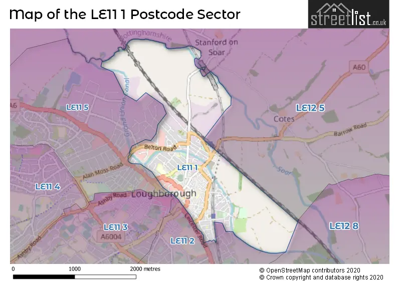 Map of the LE11 1 and surrounding postcode sector