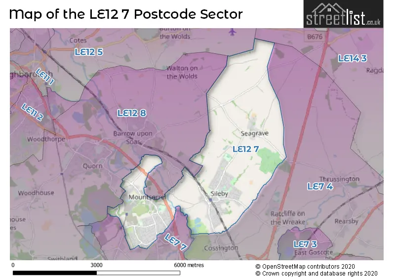 Map of the LE12 7 and surrounding postcode sector