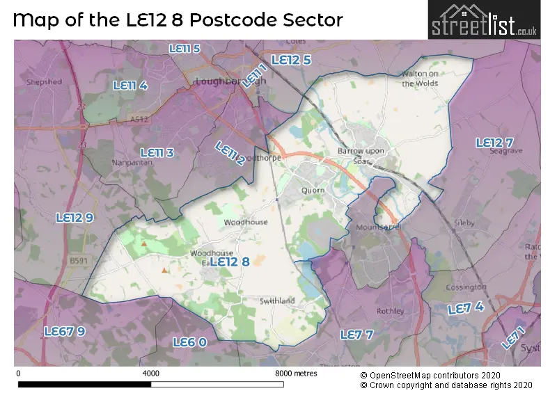 Map of the LE12 8 and surrounding postcode sector